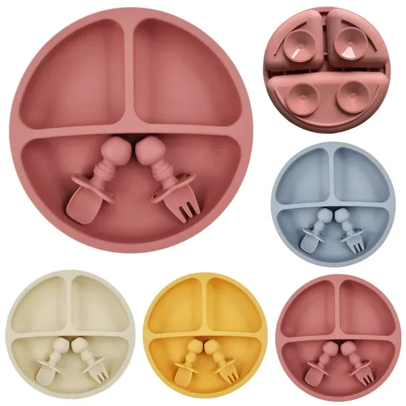 Assiette à ventouse et couverts en silicone pour bébé